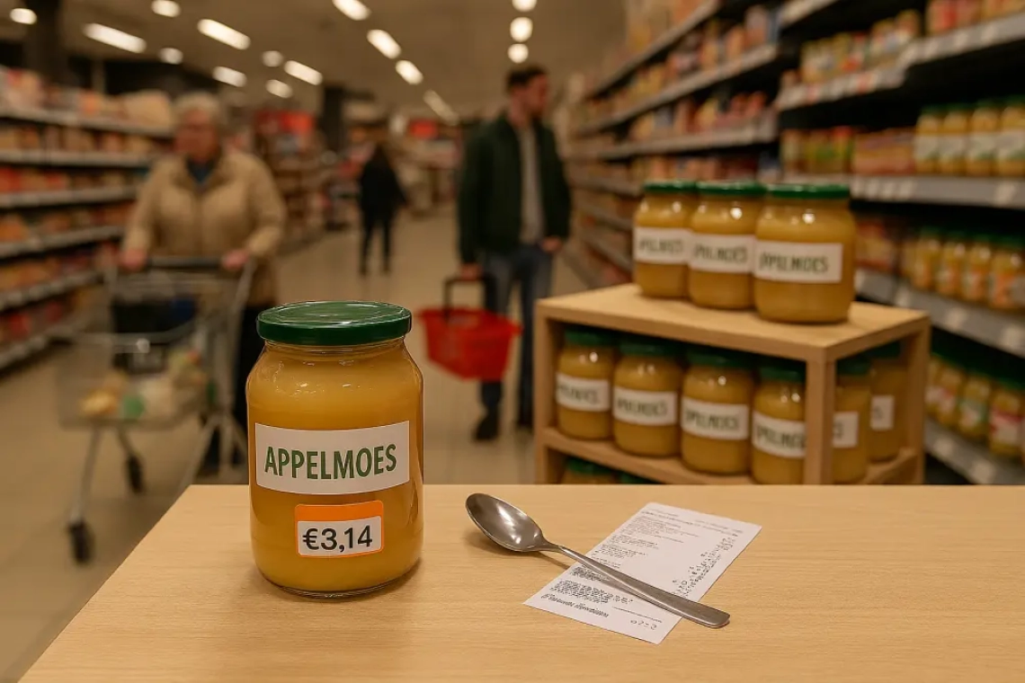 Glazen pot appelmoes van 720 ml staat op een keukentafel met een prijslabel van €3,14, omringd door een lepel en boodschappenbonnetje